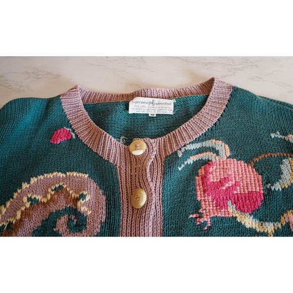 VTG 80s Peruvian Connection Floral Fruit Chunky Handknit Cardigan M Cottage Farm - Picture 4 of 16